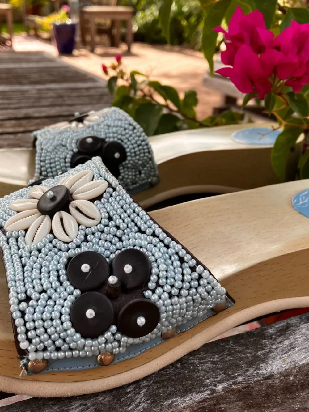 Rare Vintage 80s Esprit Sandals Embellished with Blue Beads and Shell Flowers